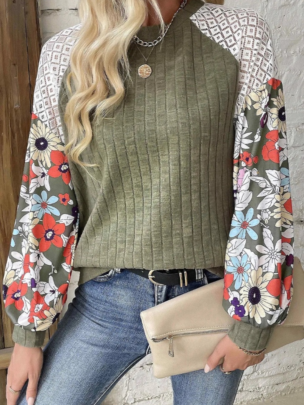 Printed Round Neck Long Sleeve Top NWT Size S
